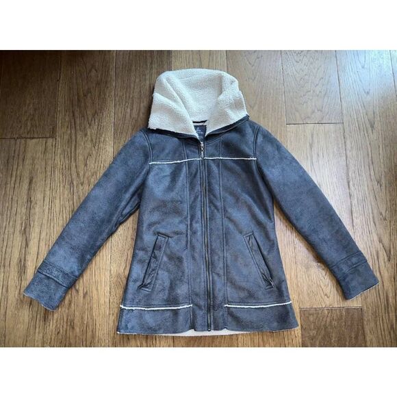 prAna Jacket Faux Leather Sherpa Grey Lined Full Zip Long Small EUC - Picture 2 of 12